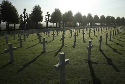 Crosses mark the graves of U.S. service members, most of them killed in the Battle of Belleau Wood, at the Aisne-Marne American Cemetery on May 25, 2018, in France.