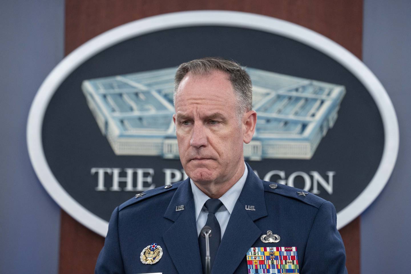 Pentagon spokesman U.S. Air Force Brig. Gen. Patrick Ryder listens to a question during a media briefing at the Pentagon, Thursday, July 6, 2023, in Washington.
