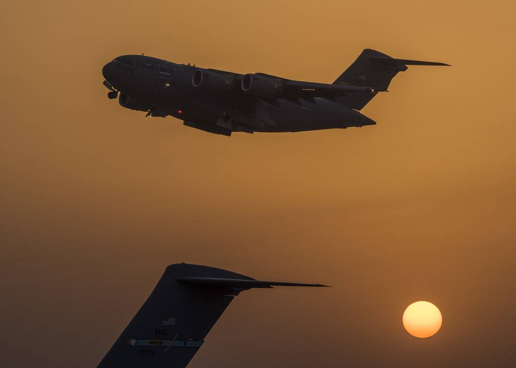 A C-17 Globemaster III takes off from an airfield in an undisclosed location in Southwest Asia, Jan. 31, 2019.