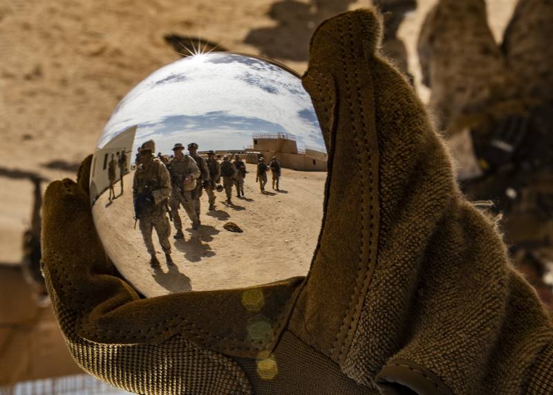 Marines hike towards their next objective during Integrated Training Exercise 5-19 at Marine Corps Air Ground Combat Center Twentynine Palms, Calif., July 31, 2019.