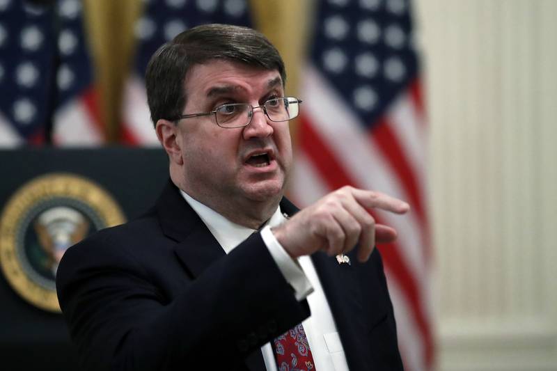 Veterans Affairs Secretary Robert Wilkie speaks before President Donald Trump arrives to speak about protecting the elderly, in the East Room of the White House, Thursday, April 30, 2020, in Washington.