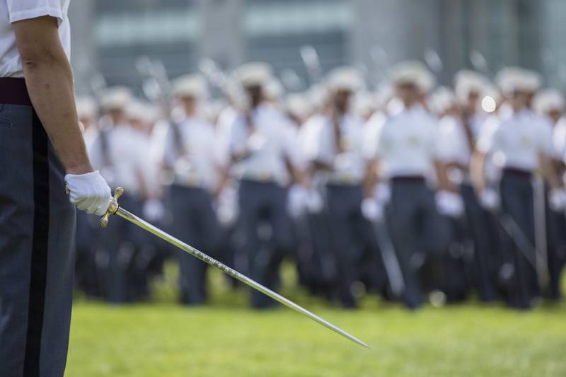 The U.S. Military Academy Corps of Cadets takes part in the review portion of the Acceptance Parade Aug. 17, 2019. The members of the Class of 2023 officially joined the Corps of Cadets during the parade.