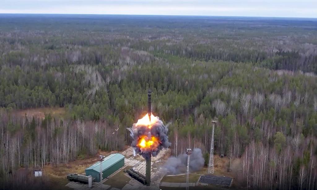 In this handout photo taken from video released by Russian Defense Ministry Press Service on Wednesday, Oct. 26, 2022, a Yars intercontinental ballistic missile is test-fired as part of Russia's nuclear drills from a launch site in Plesetsk, northwestern Russia.