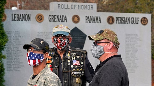 Veterans, wearing protective masks due to the COVID-19 virus outbreak, gather during a Veterans Day ceremony, Wednesday, Nov. 11, 2020, in Derry, N.H.