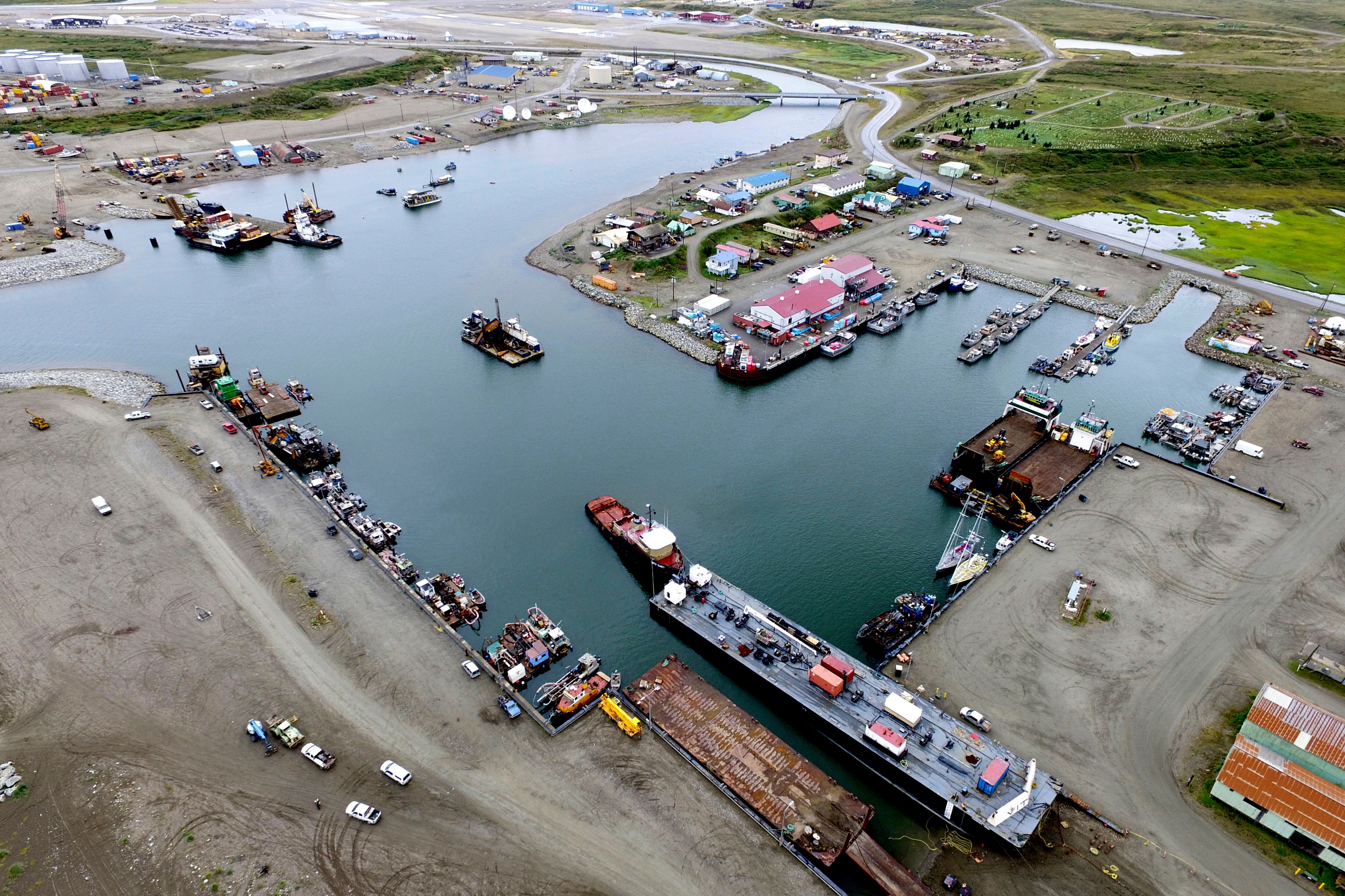 This photo provided by the City of Nome shows the inner harbor of the Port of Nome, Alaska, on Aug. 11, 2017, where goods at that arrive at the port are then prepared for shipment to villages throughout the region.