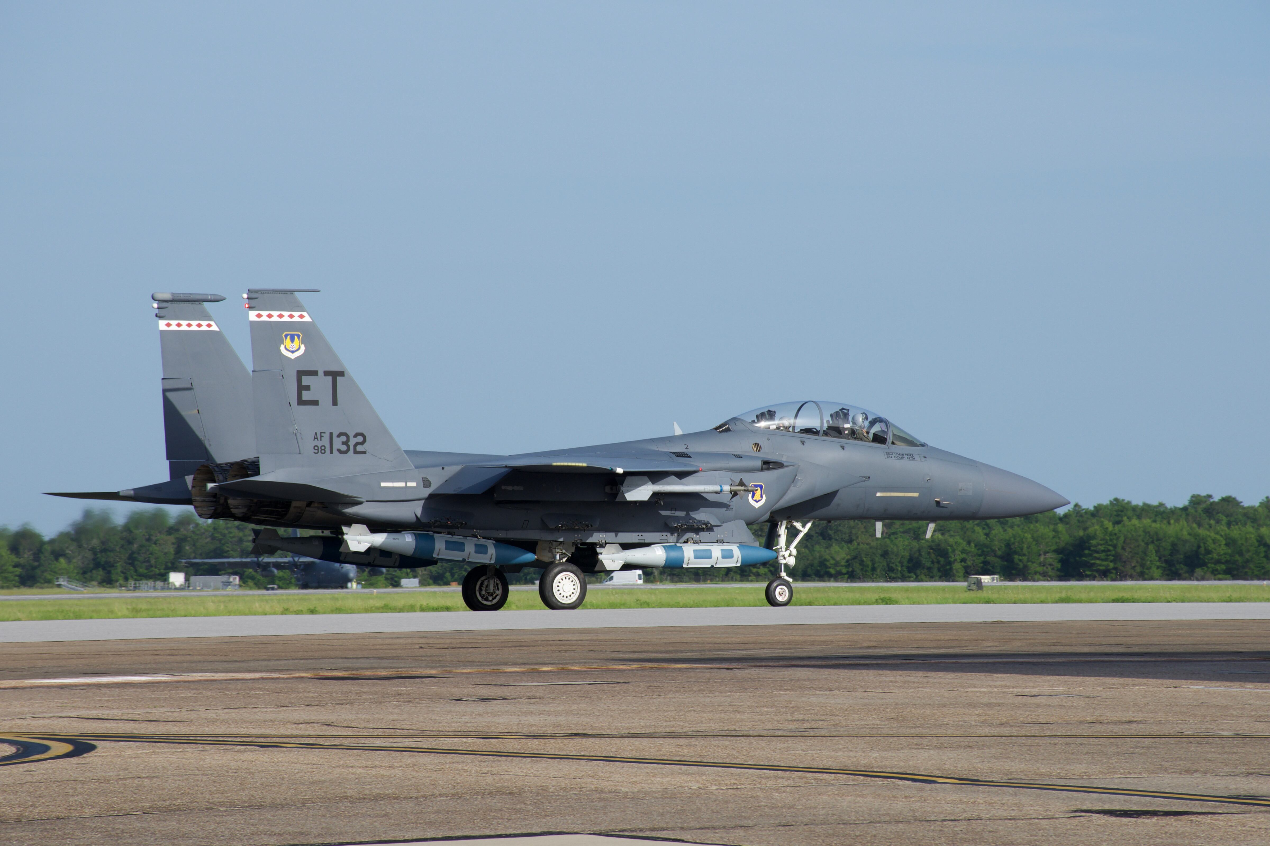The 85th Test and Evaluation Squadron partnered with the Air Force Research Laboratory to equip the F-15E Strike Eagle with modified 2,000-pound GBU-31 Joint Direct Attack Munitions that can hit warships at sea. Three F-15Es participated in the "Quicksink" testing on Aug. 26, 2021. (1st Lt. Lindsey Heflin/Air Force)
