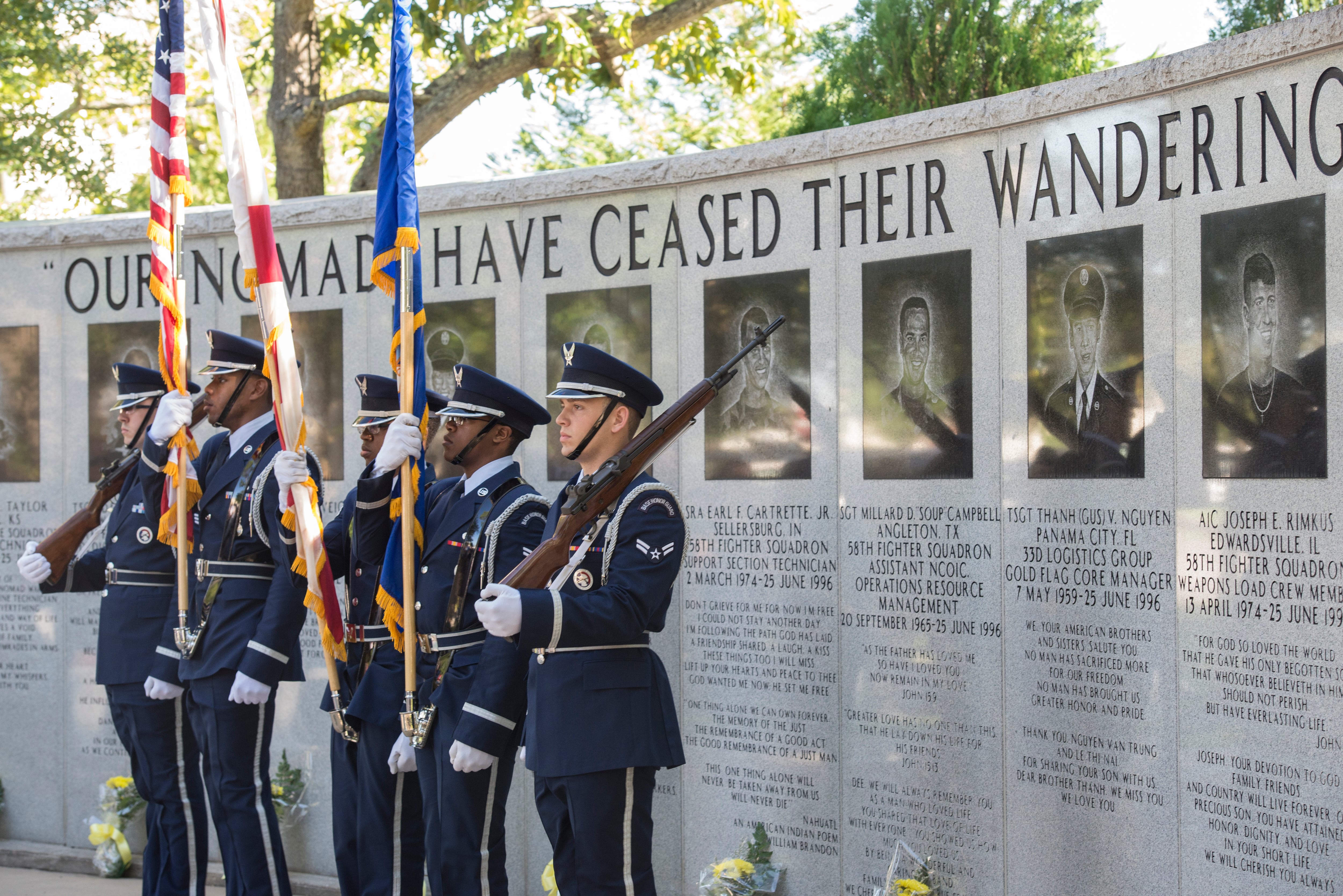The Eglin Air Force Base Honor Guard presents the colors at the Khobar Towers Memorial Ceremony on Eglin Air Force Base, Fla., June 24, 2016.