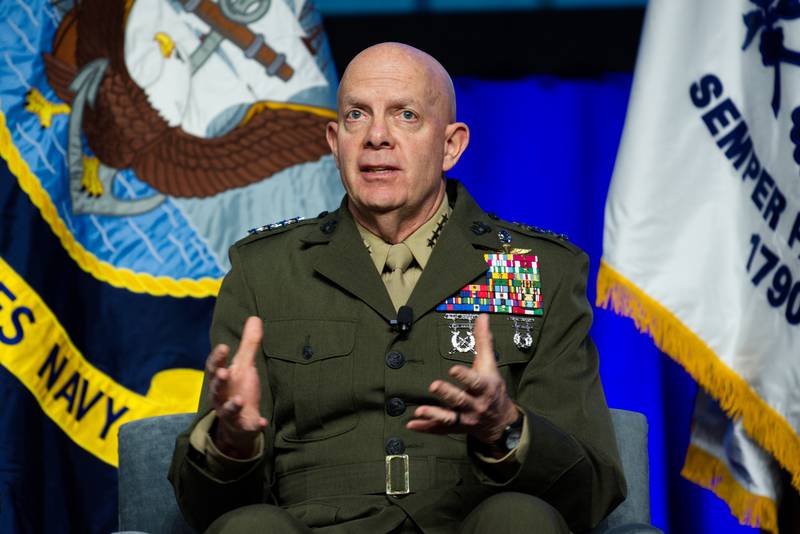 U.S. Marine Corps Commandant Gen. David Berger speaks at the Sea-Air-Space conference in National Harbor, Maryland, on April 3, 2023.
