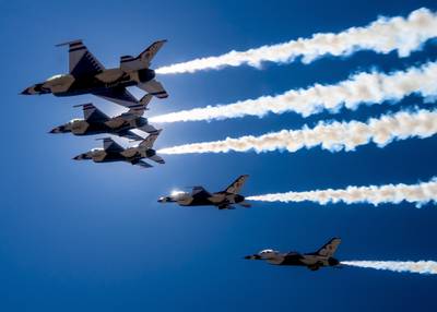 The U.S Air Force Air Demonstration Squadron “Thunderbirds” fly over Las Vegas on April 11, 2020, to show appreciation and support for the health-care workers, first responders and other essential personnel who are working on the front lines to combat COVID-19.
