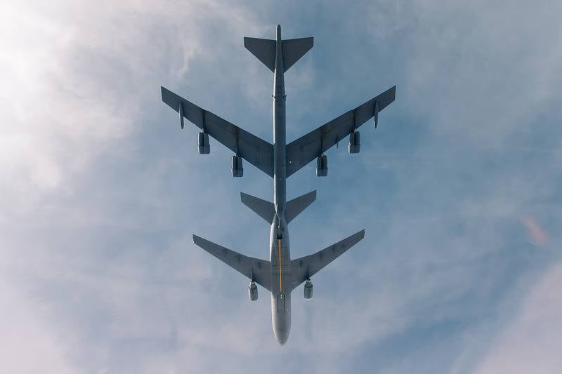A U.S. Air Force B-52 Stratofortress receives fuel from a KC-10 Extender during a bomber task force mission over the U.S. Central Command area of responsibility Jan. 27, 2021.