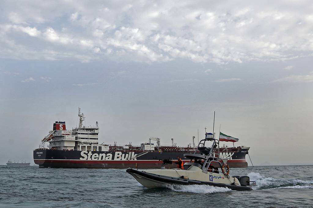 Iran's Revolutionary Guard patrols around the British-flagged tanker Stena Impero on July 21, 2019, as it was anchored off the Iranian port city of Bandar Abbas.