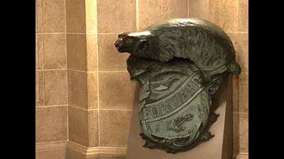 A Badger and Shield statue is seen outside the governor's Capitol office in Madison, Wis., Jan. 27, 2021.