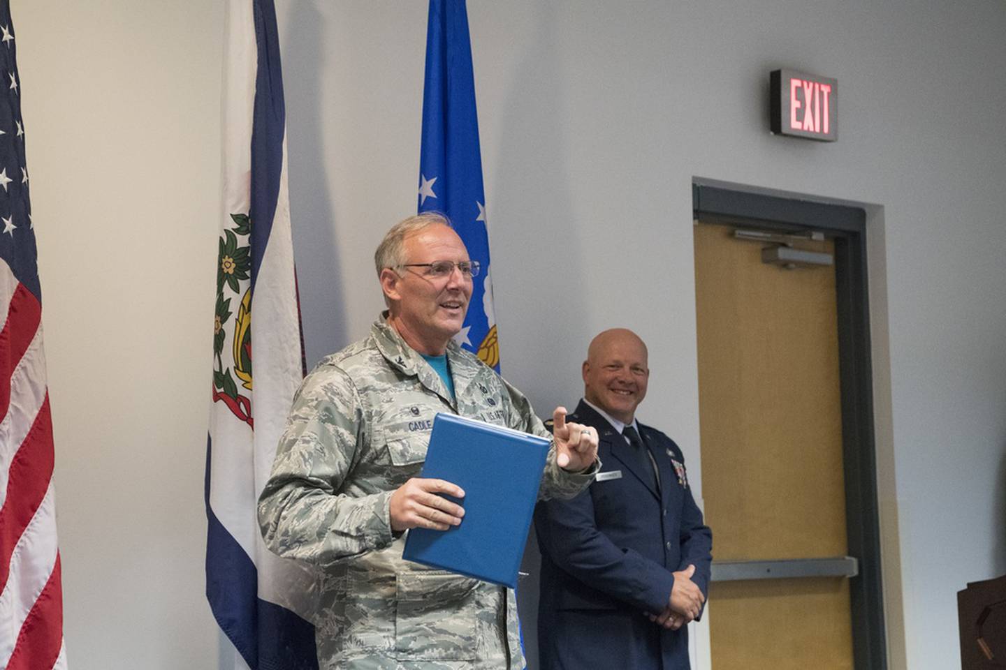 Col. Michael Cadle, then the 130th Airlift Wing Mission Support Group commander, gives remarks during a formal promotion ceremony held May 6, 2017. (Capt. Holli Nelson/Air National Guard)