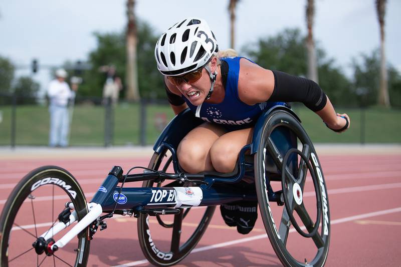 Retired Air Force Capt. Kristen Morris competes in wheel chair racing at the 2019 DoD Warrior Games on June 22 at the University of Southern Florida.