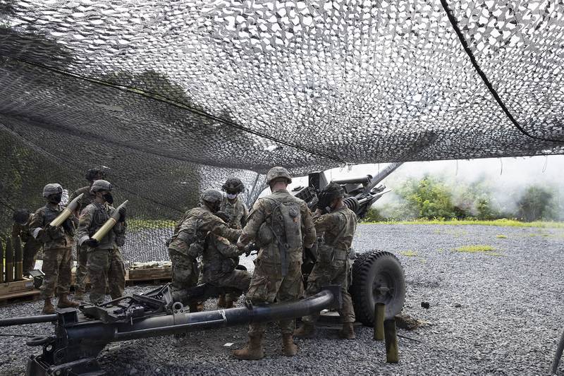 Cadets learn to fire a 105mm howitzer, Friday, Aug. 7, 2020, at the U.S. Military Academy in West Point, N.Y.