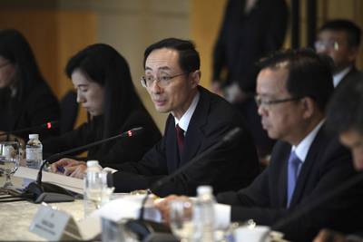 Sun Weidong, center, China's Vice Foreign Minister, delivers his opening statement during the Philippines-China Foreign Ministry consultation meeting at a hotel in Manila on Thursday March 23, 2023.