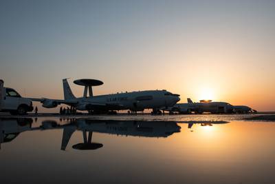 Maintainers of the 380th Expeditionary Maintenance Group begin working on a E-3 Sentry May 16, 2019, at Al Dhafra Air Base, United Arab Emirates. (Staff Sgt. Chris Thornbury/Air Force)