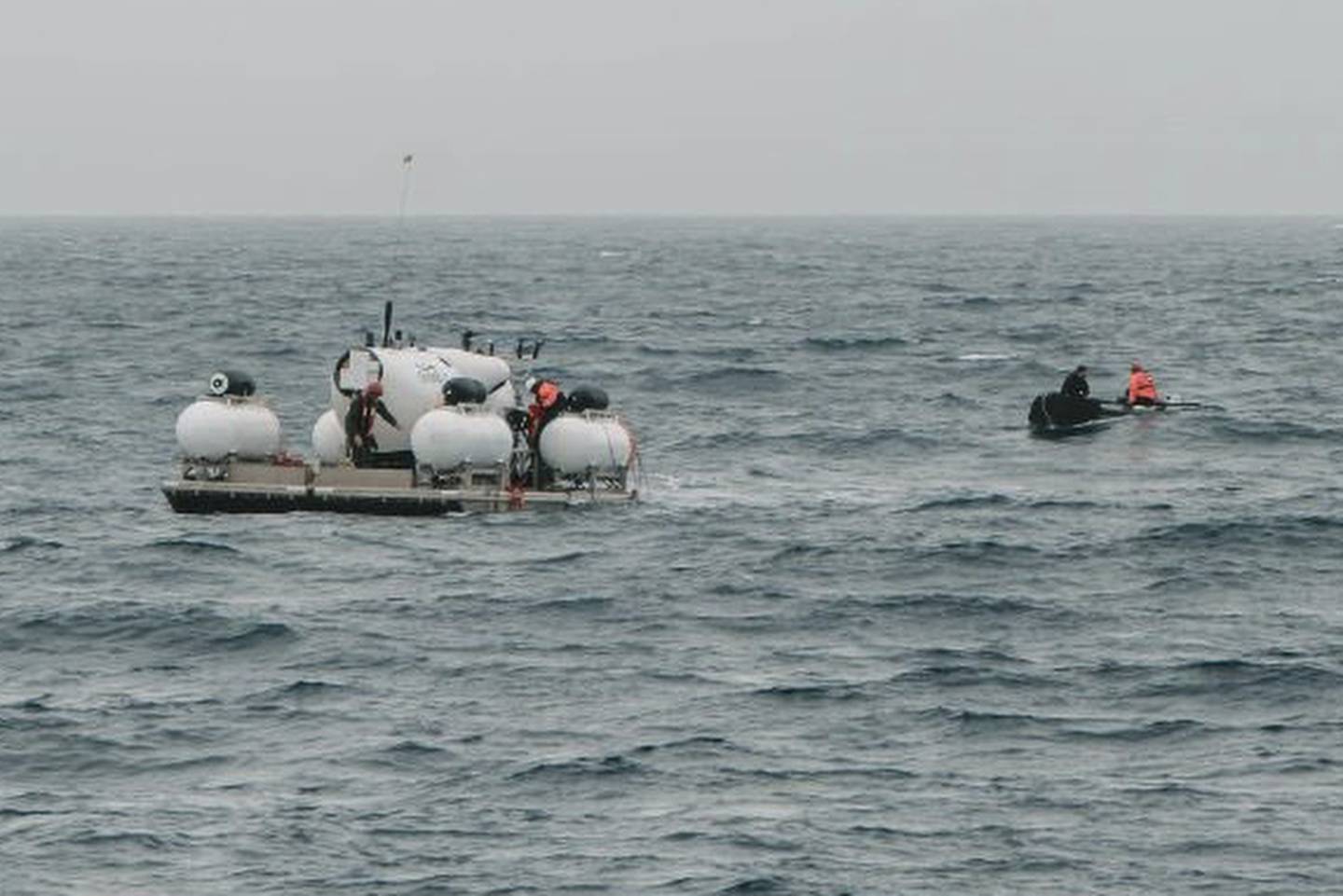 In this image released by Action Aviation, the submersible Titan is prepared for a dive into a remote area of the Atlantic Ocean on an expedition to the Titanic on Sunday, June 18, 2023.