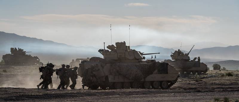 Army National Guard Infantrymen from the 116th Cavalry Brigade Combat Team seize a town from the enemy June 7, 2019, at the National Training Center in Fort Irwin, Calif.