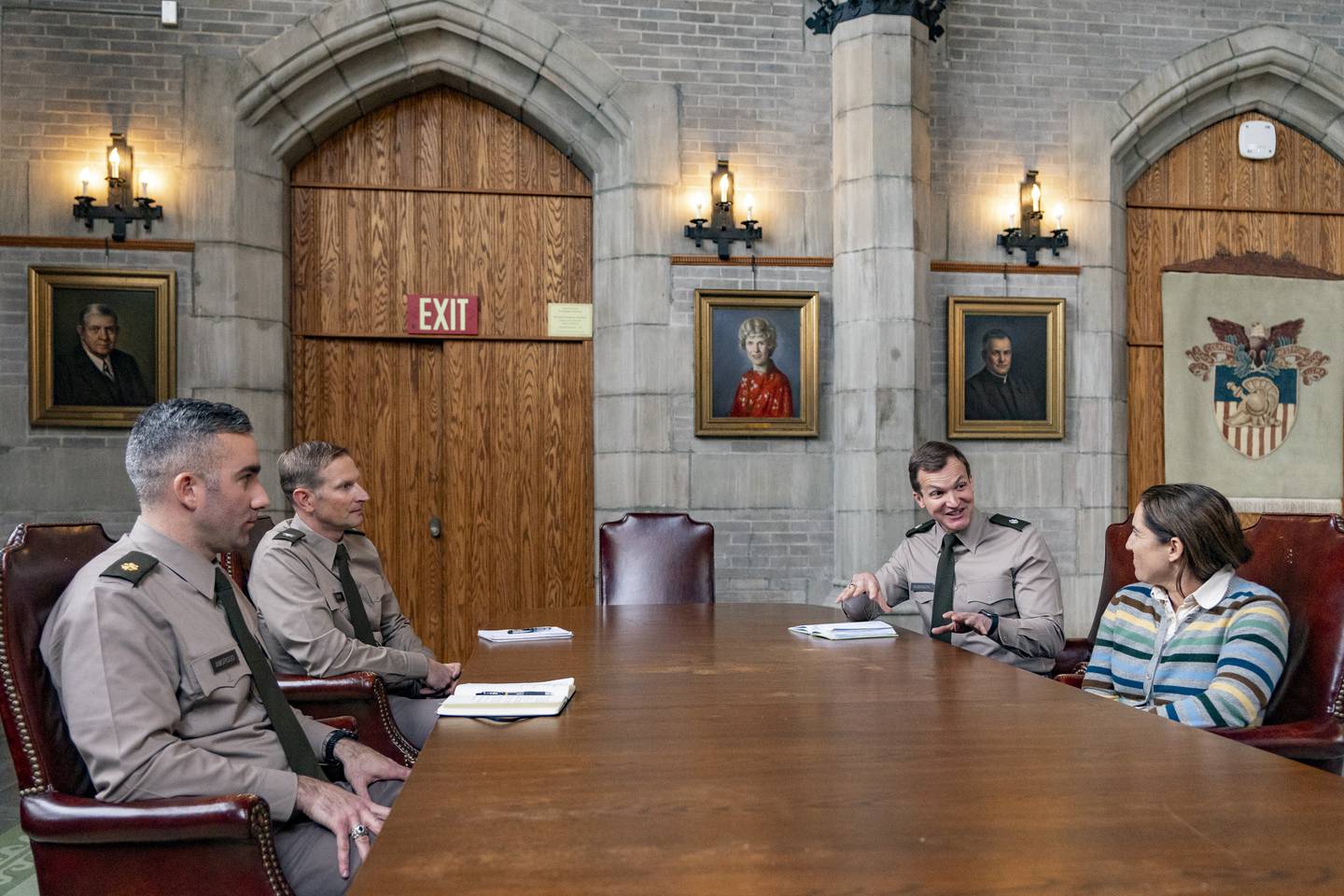 Officers and instructors participate in a roundtable discussion on how cadets are instructed on the Constitution at the U.S. Military Academy in West Point, N.Y., Wednesday, Nov. 29, 2023.