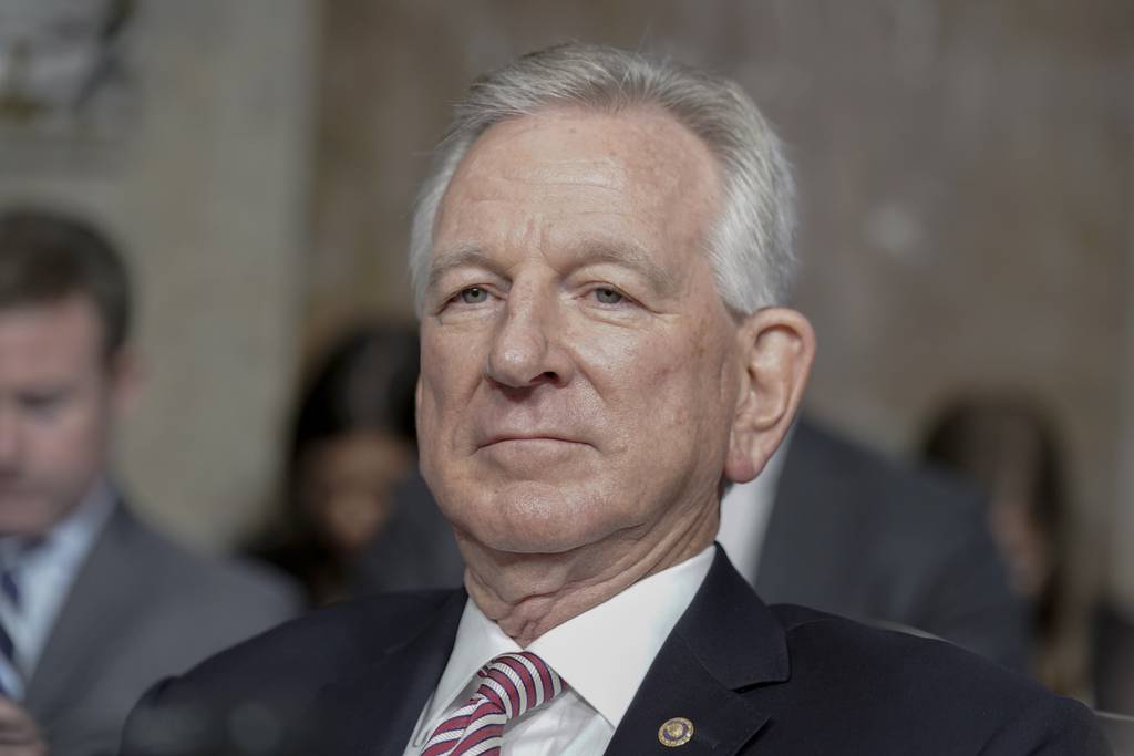 Sen. Tommy Tuberville, R-Ala., listens during the Senate Armed Services Committee hearing to examine the nomination of Army Lt. Gen. Randy George to be reappointment to the grade of general and to be Chief of Staff of the Army, July 12, 2023, on Capitol Hill in Washington.